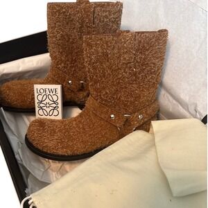 Loewe Campo Biker Ankle Boots Shaggy Suede Harness Brown Tan Size 38 Italy